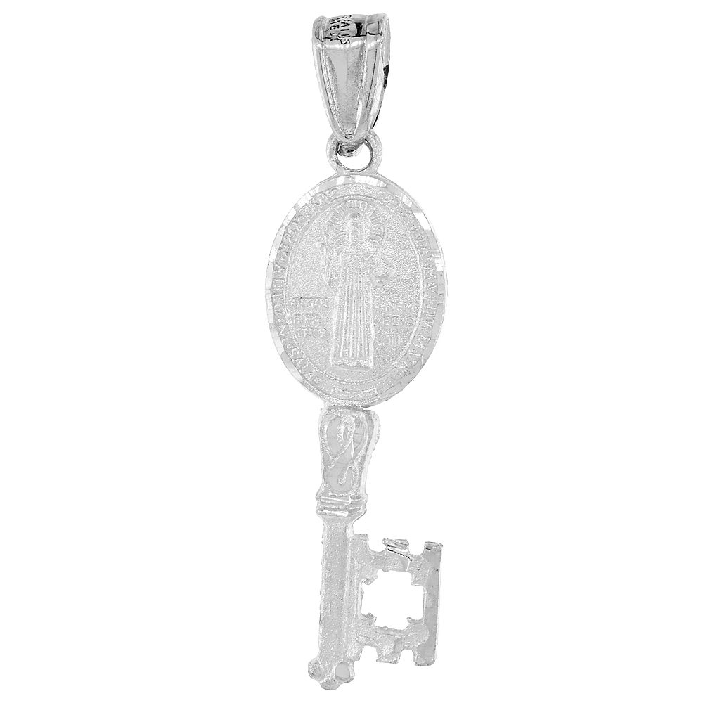 Sterling Silver Saint Benedict Key Necklace Handmade 1 3/8 inch tall 2mm Cable Link Chain
