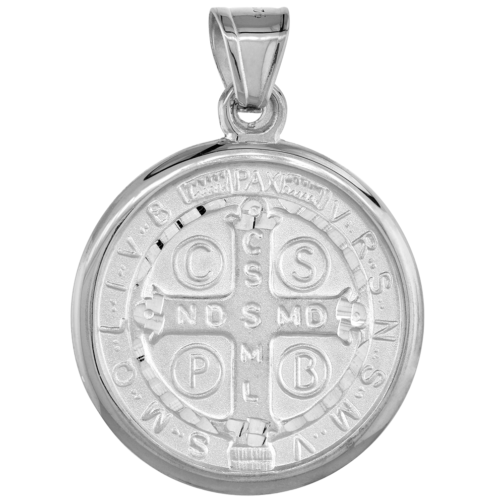 LARGE STERLING SILVER ST BENEDICT MEDAL PENDANT 1 9/16 INCH ROUND NO CHAIN INCLUDED