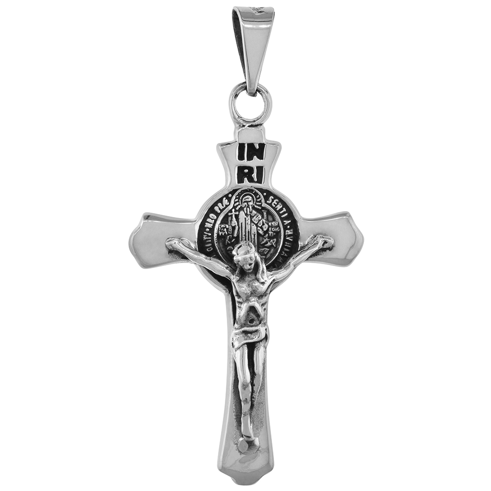 Large 2 inch Sterling Silver Budded Coss St Benedict Crucifix Pendant for Men NO Chain Included