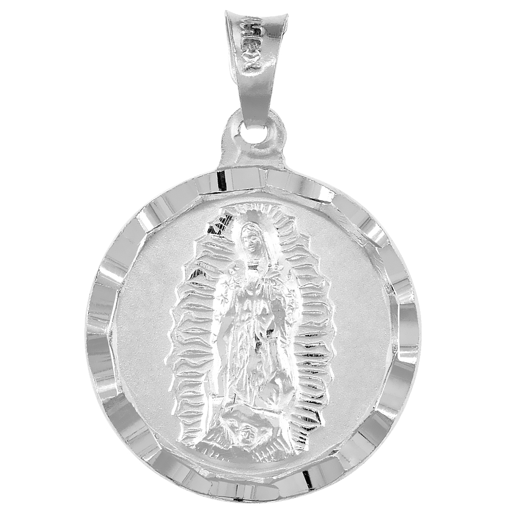 Sterling Silver St Guadalupe &amp; Sacred Heart of Jesus Pendant Double sided Medal 3/4 inch Round Diamond Cut Rim NO Chain Included