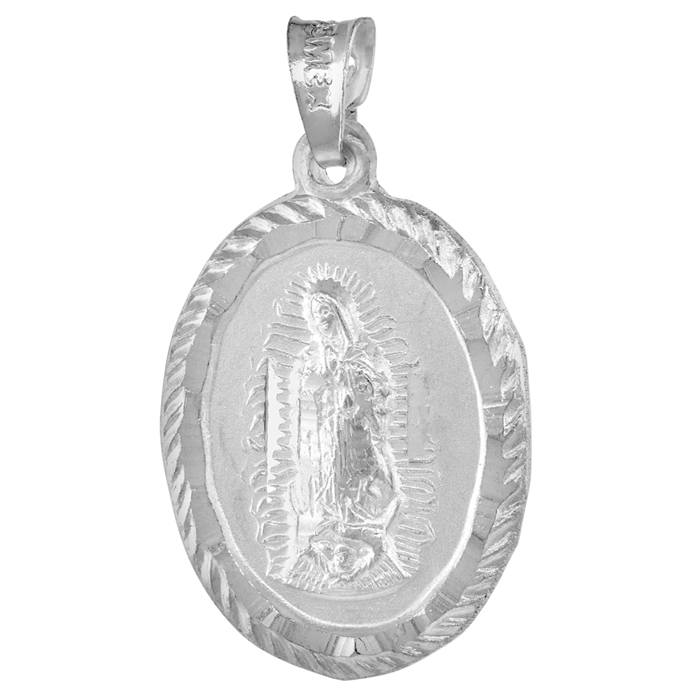 STERLING SILVER ST GUADALUPE & SACRED HEART OF JESUS PENDANT DOUBLE SIDED MEDAL 7/8 INCH OVAL NO CHAIN INCLUDED