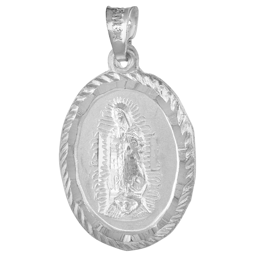 Sterling Silver St Guadalupe &amp; Sacred Heart of Jesus Necklace Double sided Medal 7/8 inch Oval 18-30 inch 1mm_Box_chain