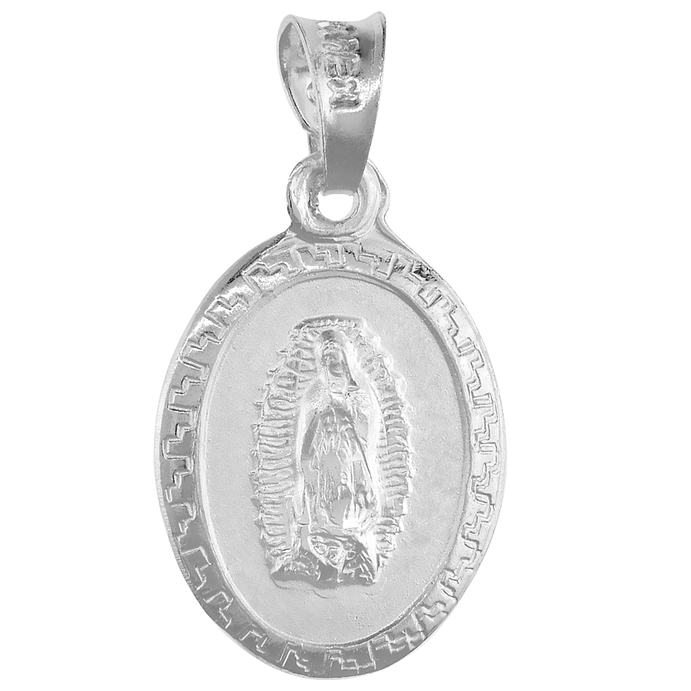 STERLING SILVER GUADALUPE & SACRED HEART OF JESUS MEDAL PENDANT OVAL 11/16 INCH TALL