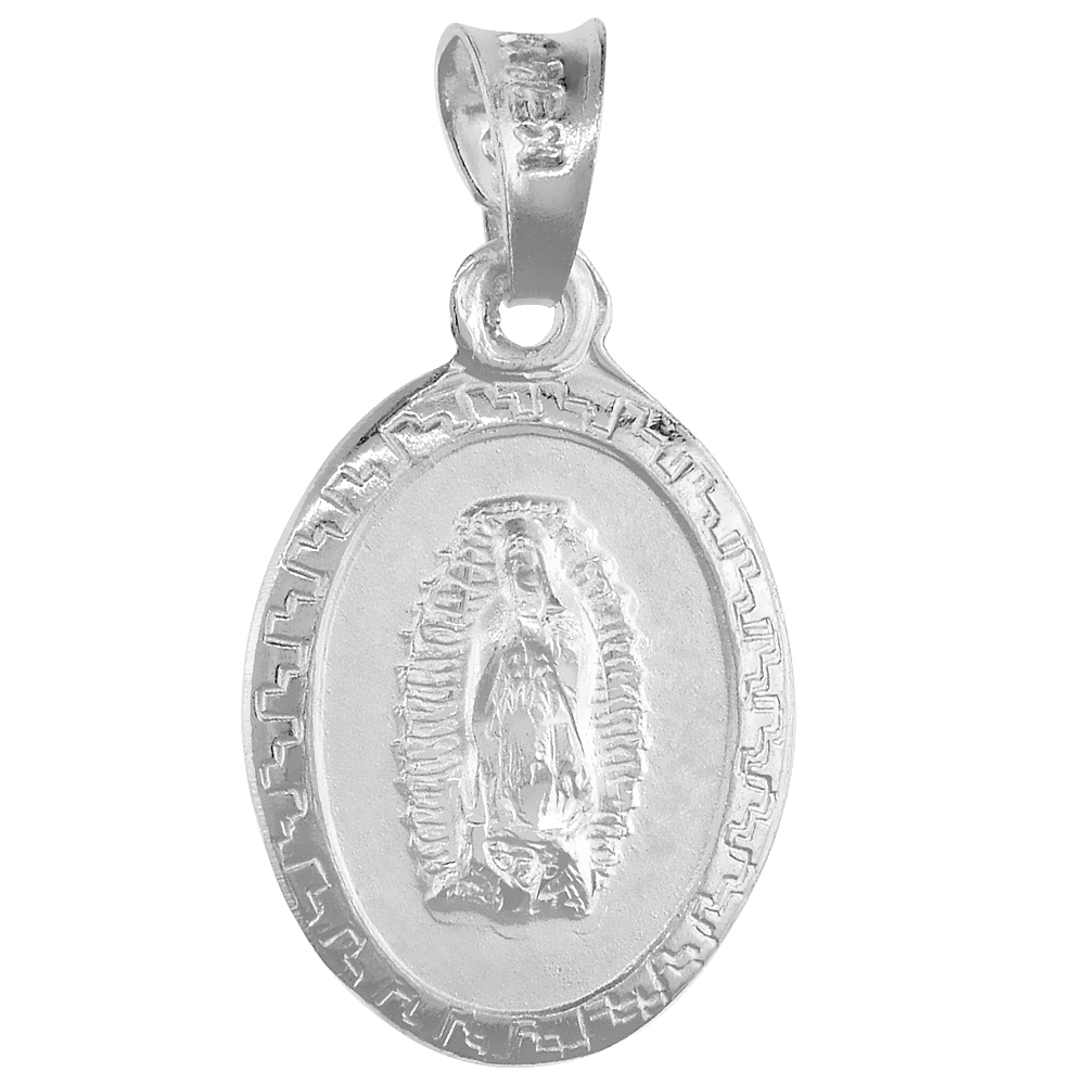 Sterling Silver Guadalupe &amp; Sacred Heart of Jesus Medal Pendant Oval 11/16 inch tall