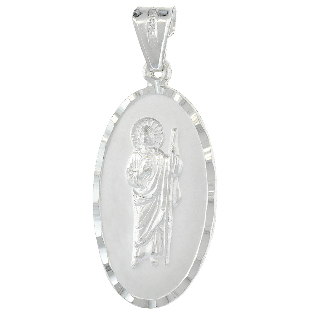 Sterling Silver St. Jude Pendant San judas Tadeo Medal Oval Diamond Cut Rim 1 1/8 inch tall NO Chain Included