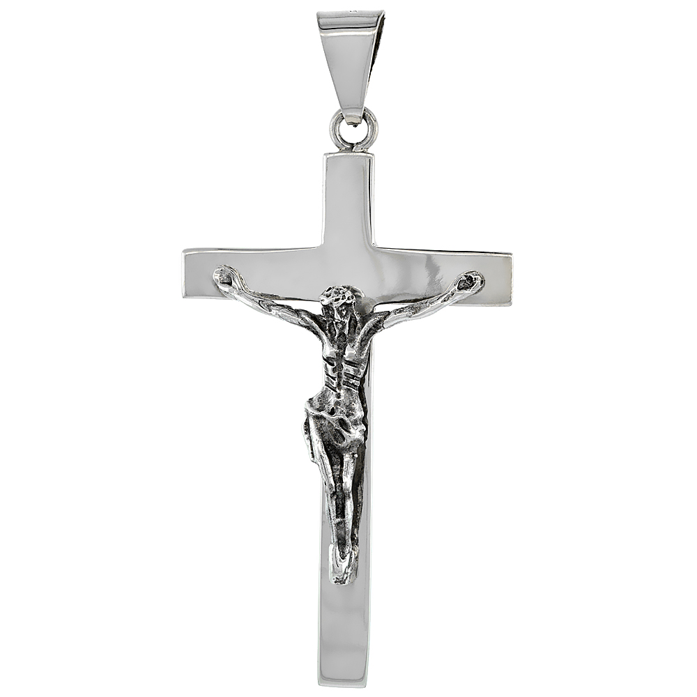 STERLING SILVER VERY LARGE CRUCIFIX PENDANT PECTORAL HIGH POLISHED HANDMADE 2 7/8 INCH TALL NO CHAIN INCLUDED