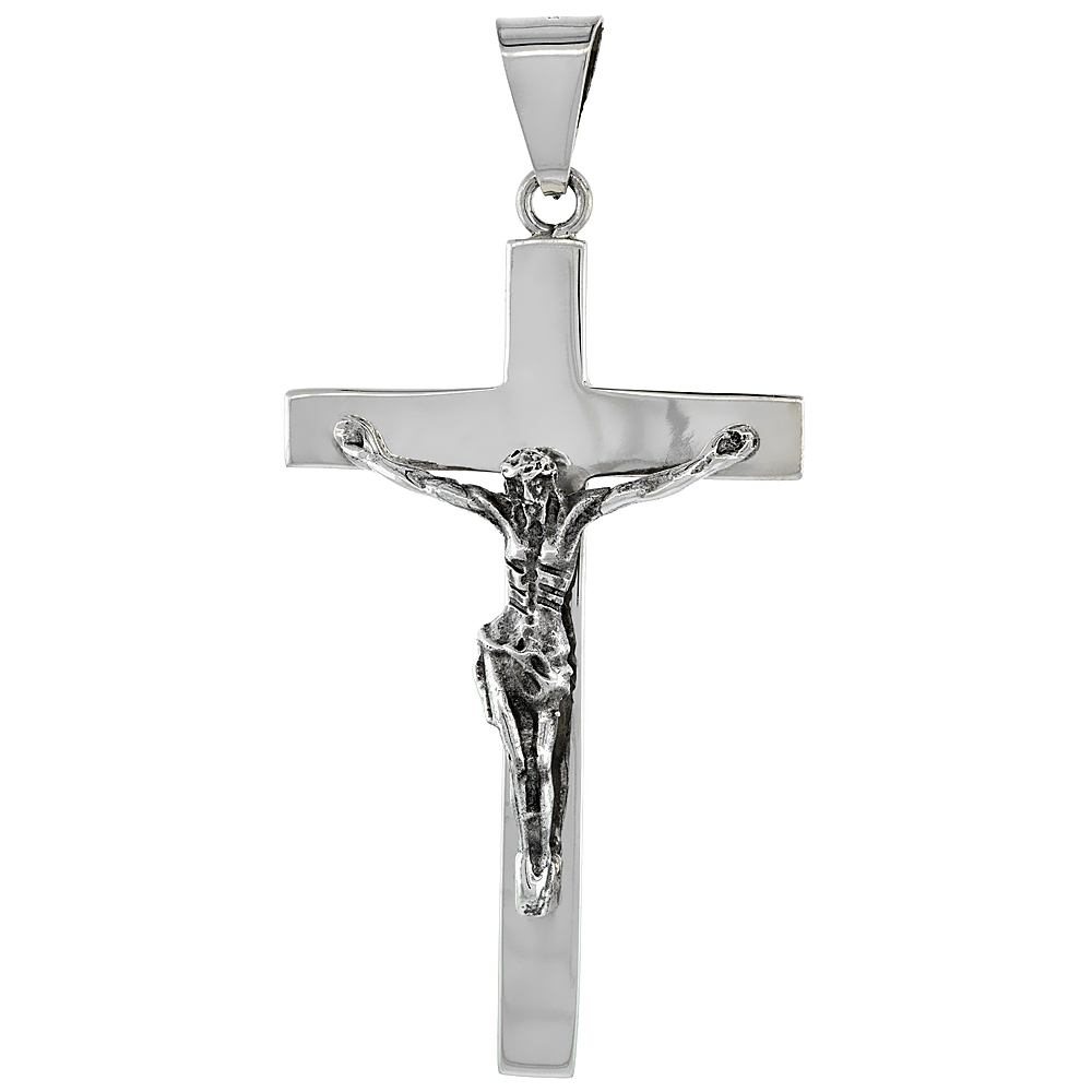 Sterling Silver Very Large Crucifix Pendant Pectoral High Polished Handmade 2 7/8 inch tall NO Chain Included