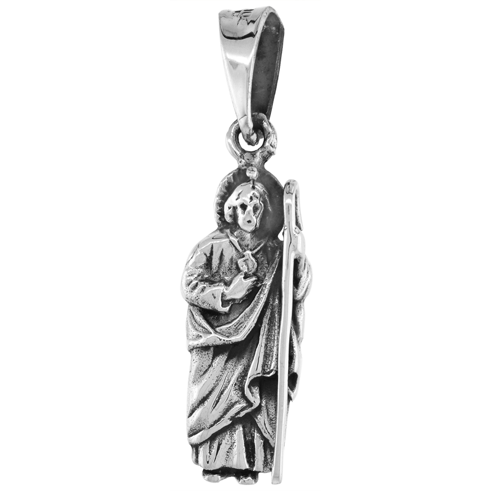 1 inch Sterling Silver St. Jude Pendant for Men San Judas Tadeo Figure 25 mm tall Oxidized finish 18-30 inch chain