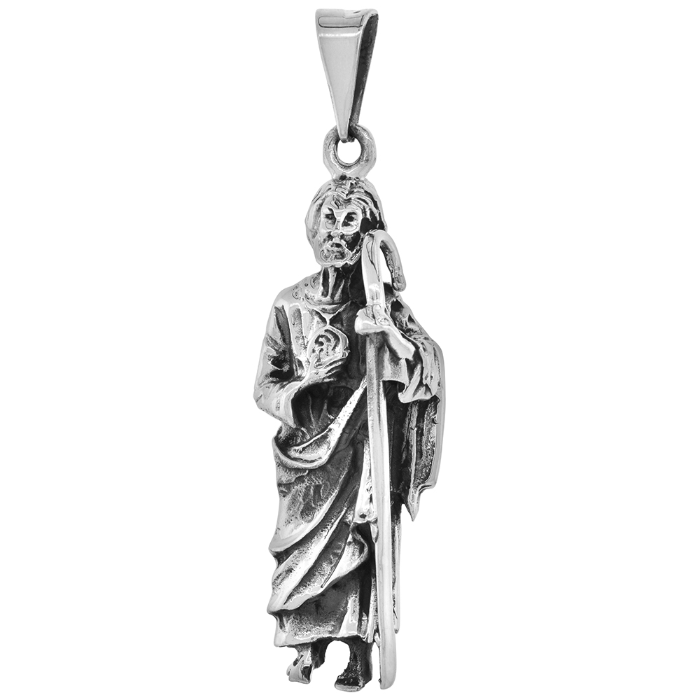 STERLING SILVER LARGE ST. JUDE PENDANT SAN JUDAS TADEO ANTIQUED FINISH 1 11/16 INCH TALL NO CHAIN INCLUDED