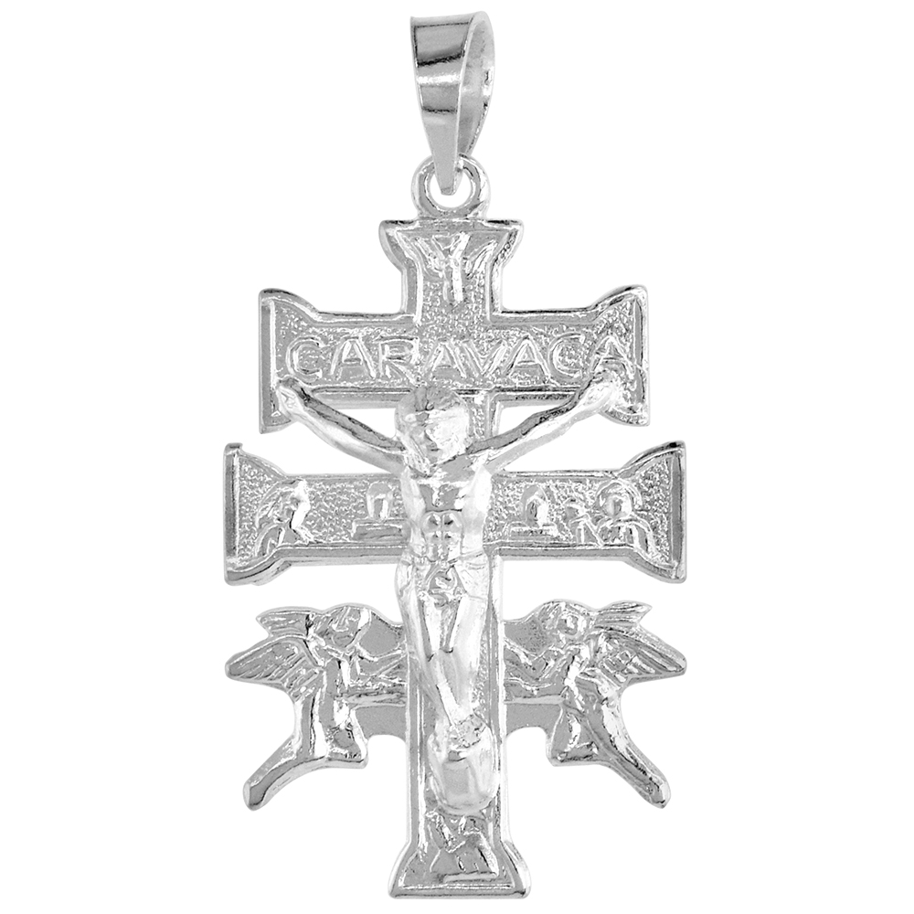 STERLING SILVER CARAVACA CROSS PENDANT FOR MEN AND WOMEN HIGH POLISHED 1 1/8 INCH TALL NO CHAIN INCLUDED