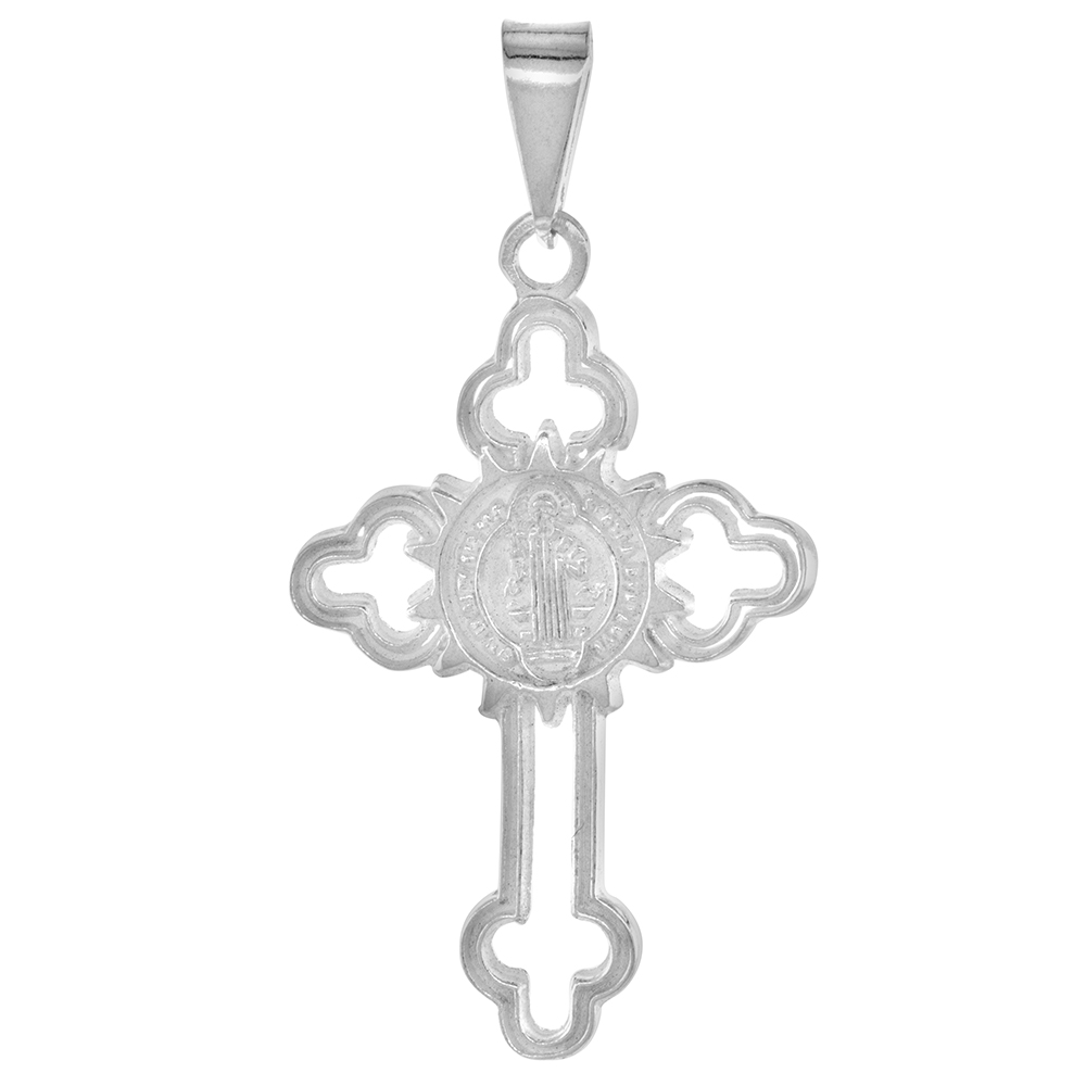 1 1/2 INCH STERLING SILVER PROTESTANT BUDDED ST BENEDICT CROSS PENDANT FOR MEN NO CHAIN INCLUDED