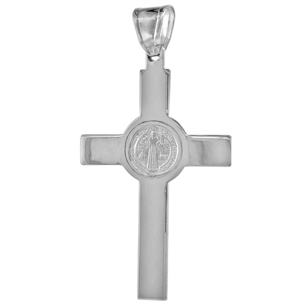 2 1/8 inch Sterling Silver Protestant St Benedict Cross Necklace without Christ High Polished 18-30 inch Cuban Chain