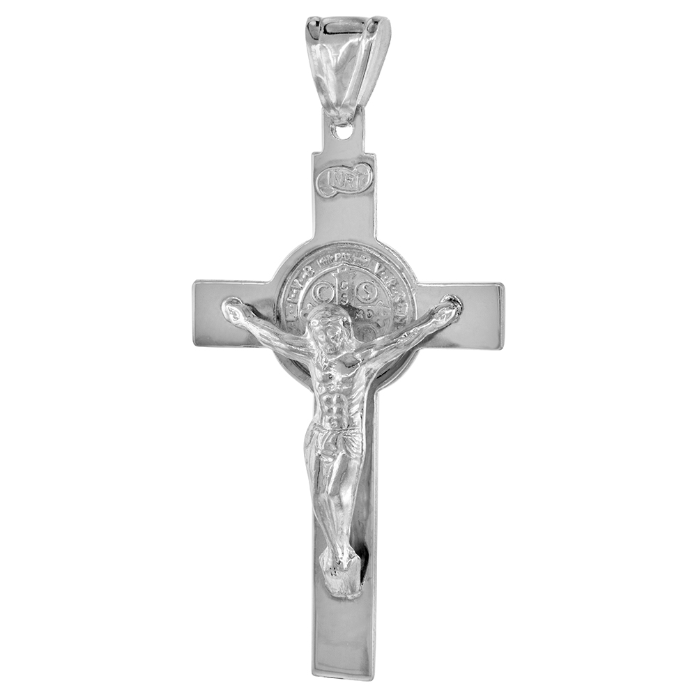 LARGE 3 INCH STERLING SILVER ST BENEDICT CRUCIFIX PENDANT FOR MEN AND WOMEN HIGH POLISHED NO CHAIN INCLUDED