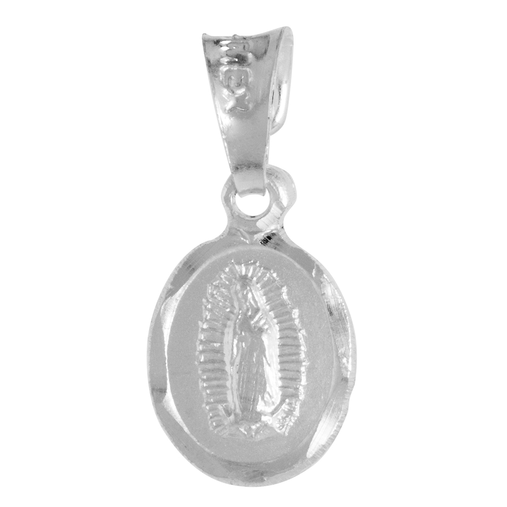 Very Tiny 3/8 inch Sterling Silver Double Sided Guadalupe &amp; Sacred Heart Medal Pendant Oval