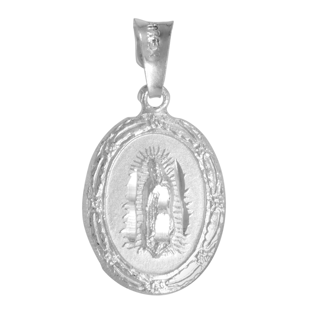3/4 inch Sterling Silver Sacred Heart &amp; San Guadalupe Double Sided Medal Pendant Oval