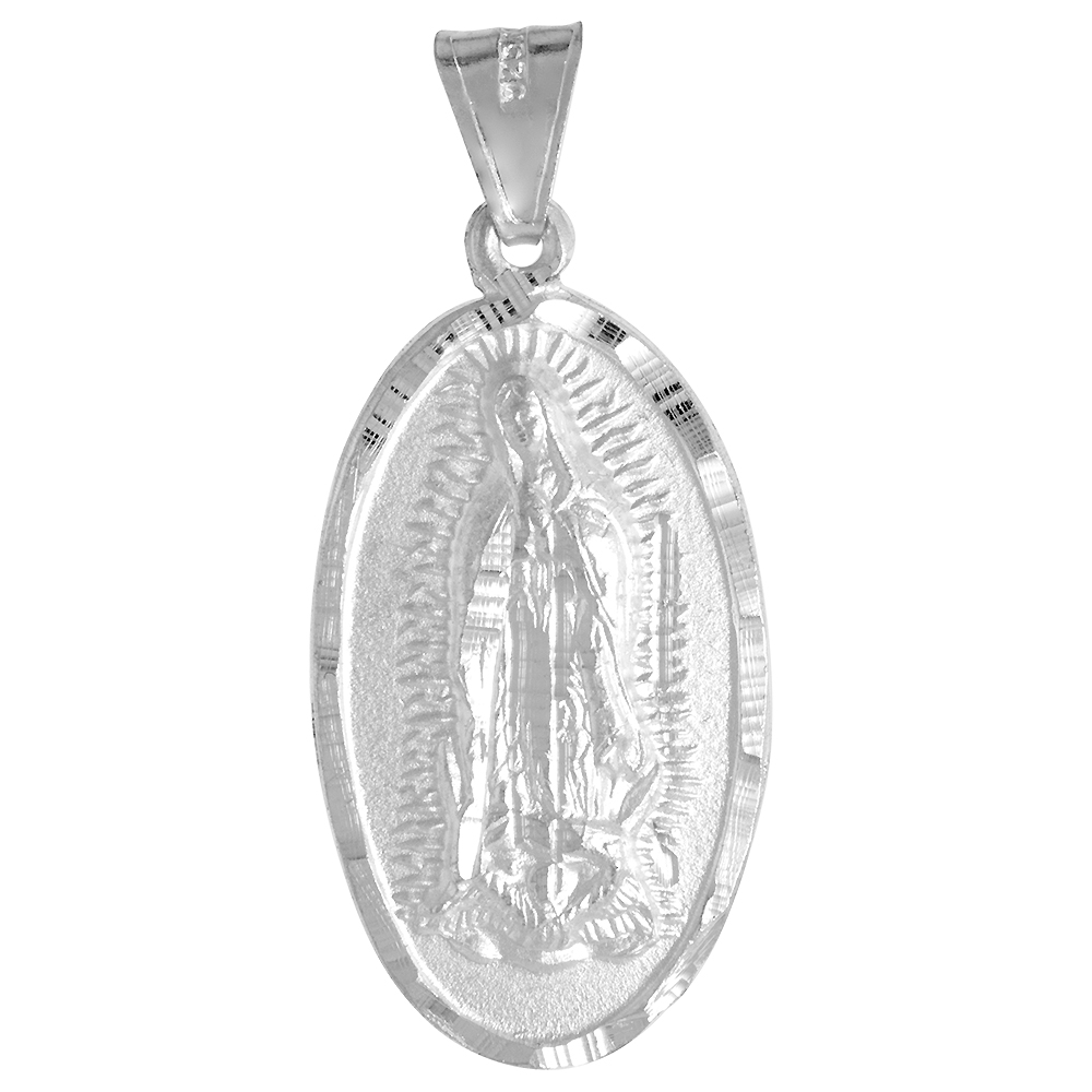 1 1/8 INCH STERLING SILVER VIRGEN DE GUADALUPE MEDAL PENDANT DIOS TE SALVE MARIA PRAYER OVAL