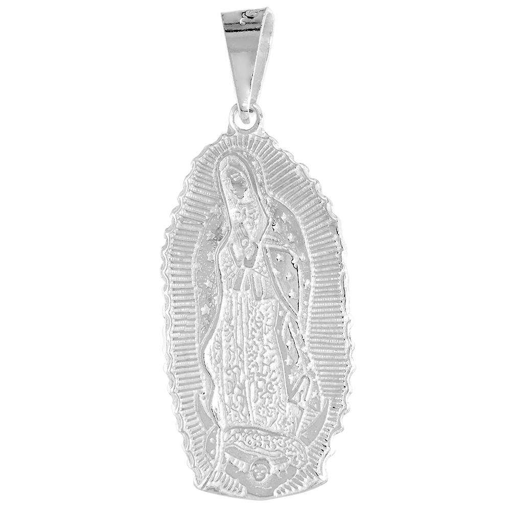 1 1/2 INCH STERLING SILVER OUR LADY OF GUADALUPE MEDAL PENDANT DIOS TE SALVE MARIA PRAYER OVAL