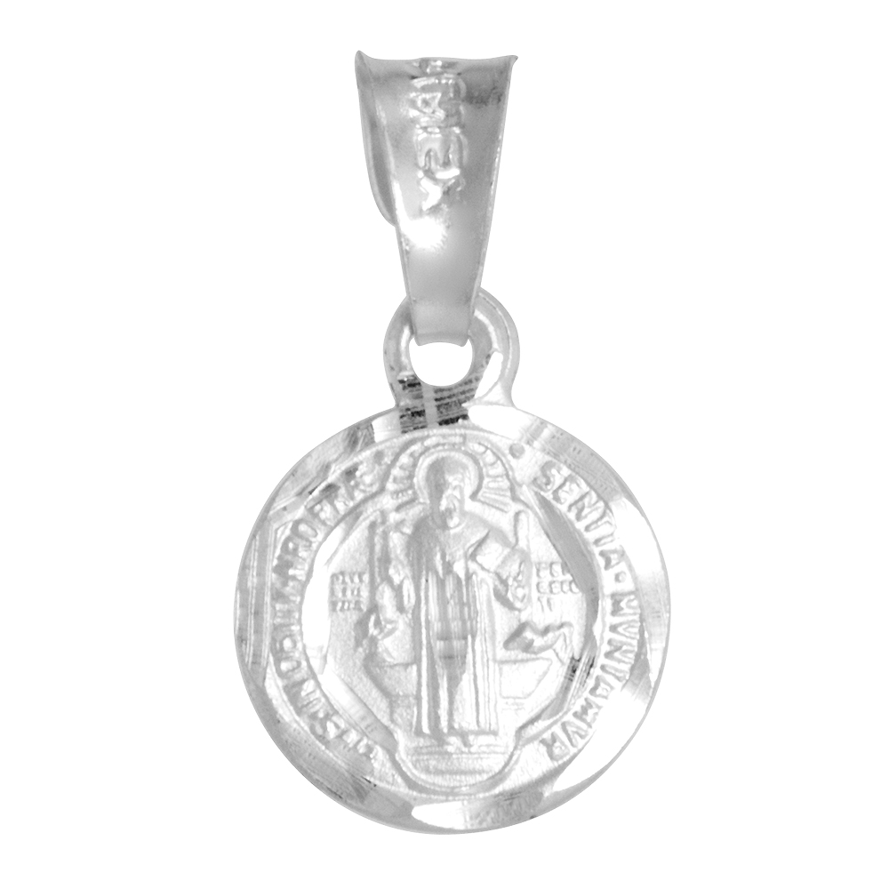 TINY 7/16 INCH STERLING SILVER ST BENEDICT MEDAL PENDANT FOR WOMEN ROUND