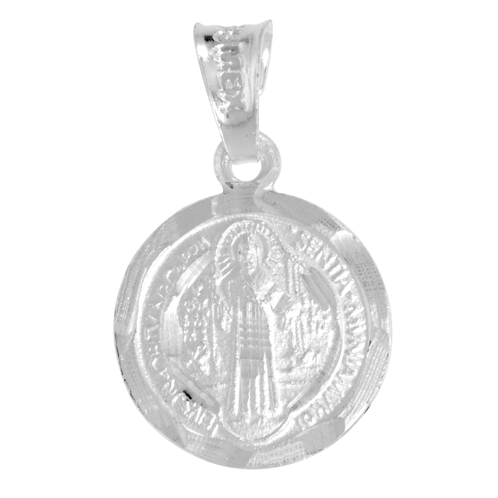Small 9/16 inch Sterling Silver St Benedict Medal Pendant for Men and Women Round