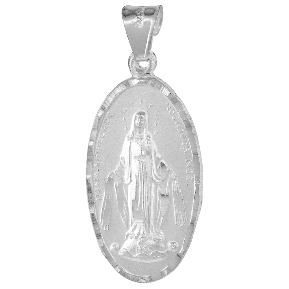 1 1/8 inch Sterling Silver Miraculous Medal Pendant for Men & Women Oval Diamond Cut NO Chain Included