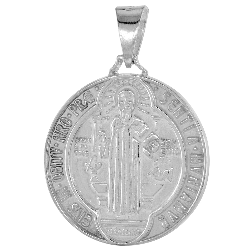 1 5/16 INCH STERLING SILVER ST BENEDICT MEDAL PENDANT FOR MEN ROUND THICK POLISHED FINISH RIM 33 MM ROUND