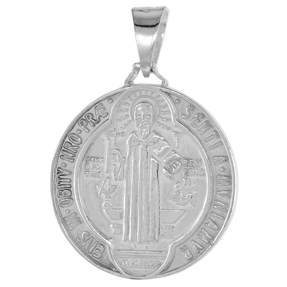 1 1/4 INCH ROUND STERLING SILVER ST BENEDICT MEDAL PENDANT FOR MEN 32 MM ROUND