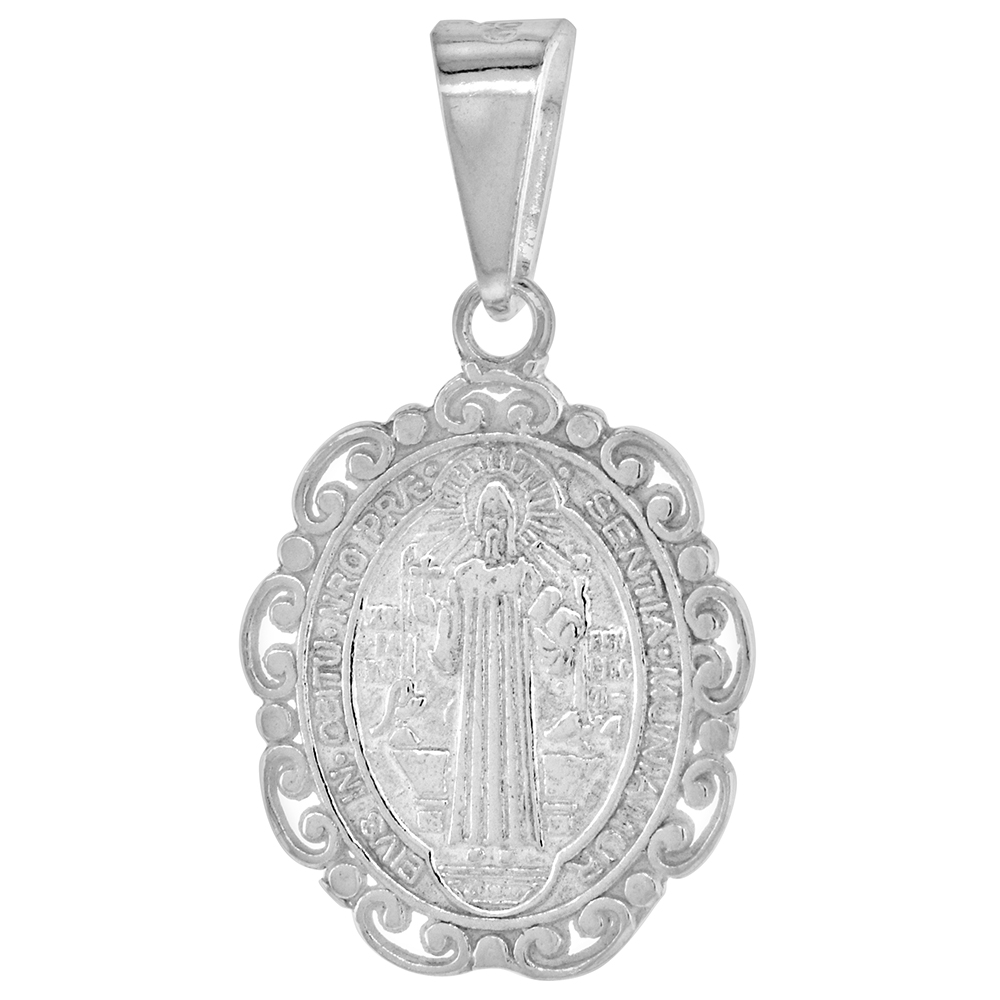 1 INCH OVAL STERLING SILVER ST BENEDICT MEDAL PENDANT FOR MEN AND WOMEN SCROLL EDGE 24 MM TALL