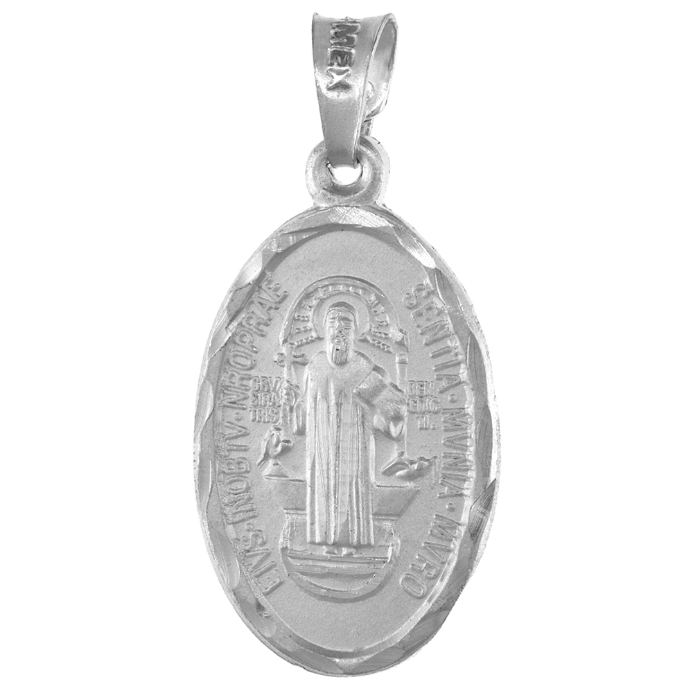7/8 INCH OVAL STERLING SILVER ST BENEDICT MEDAL PENDANT FOR MEN DIAMOND CUT 22 MM TALL