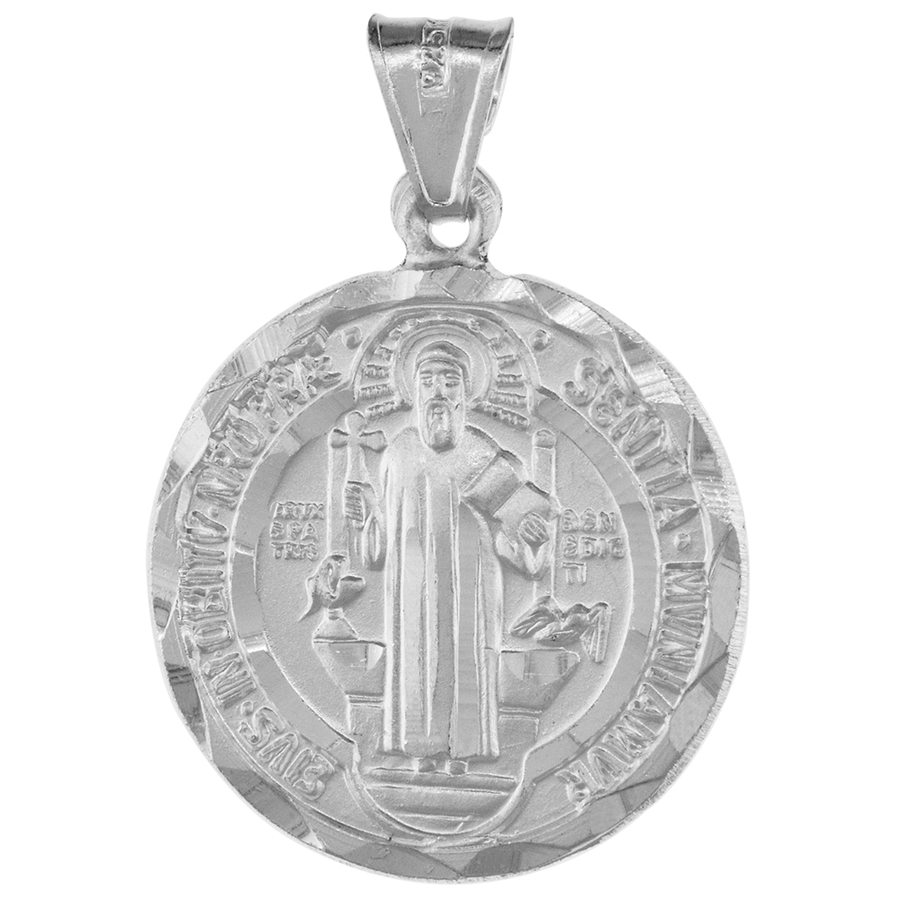 1 INCH STERLING SILVER ST BENEDICT MEDAL PENDANT FOR MEN ROUND DIAMOND CUT FINISH 24 MM ROUND