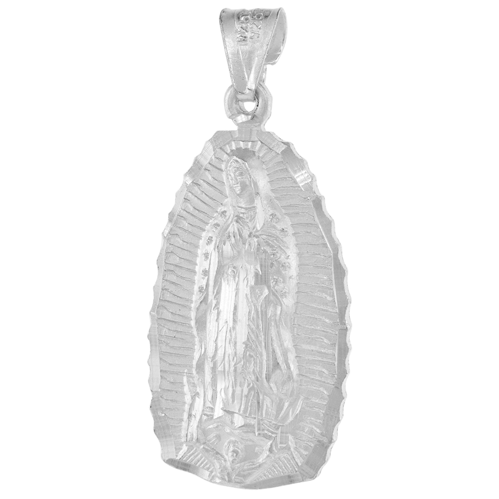 1 1/4 INCH OVAL STERLING SILVER OUR LADY OF GUADALUPE MEDAL PENDANT FOR MEN 32 MM TALL