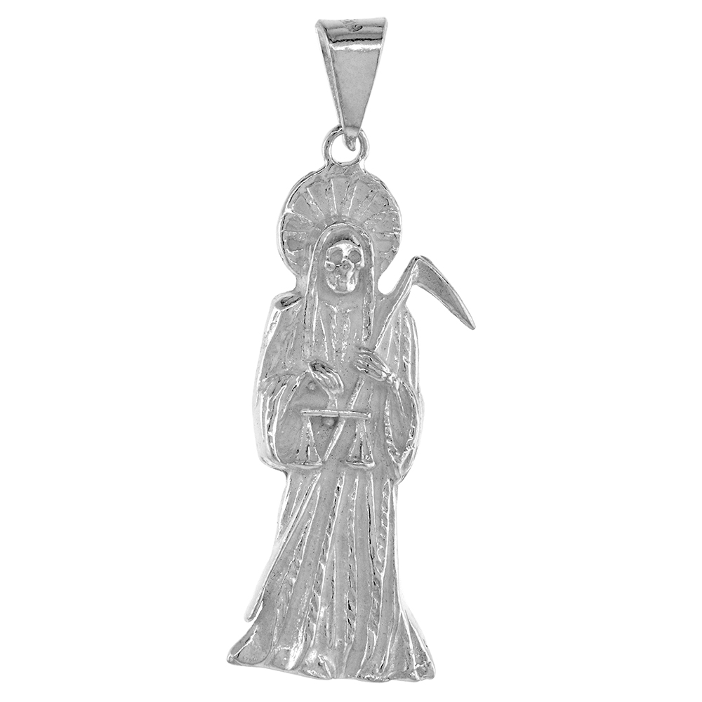 1 1/2 INCH STERLING SILVER SANTA MUERTE PENDANT FOR MEN POLISHED FINISH 39 MM TALL