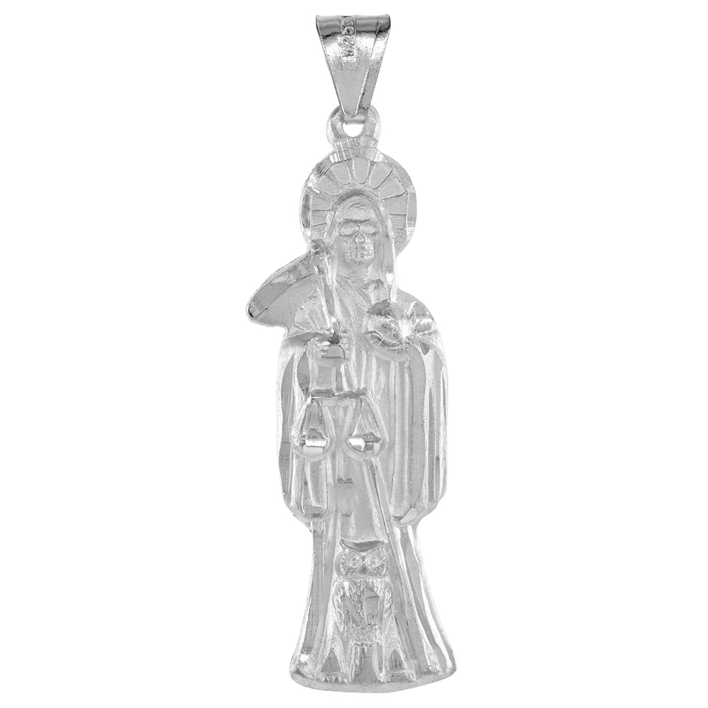 1 1/2 INCH STERLING SILVER SANTA MUERTE PENDANT FOR MEN POLISHED FINISH 40 MM TALL