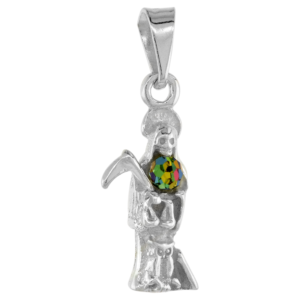 1 INCH STERLING SILVER SANTA MUERTE PENDANT FOR MEN WITH CRYSTAL BALL POLISHED FINISH 24 MM TALL