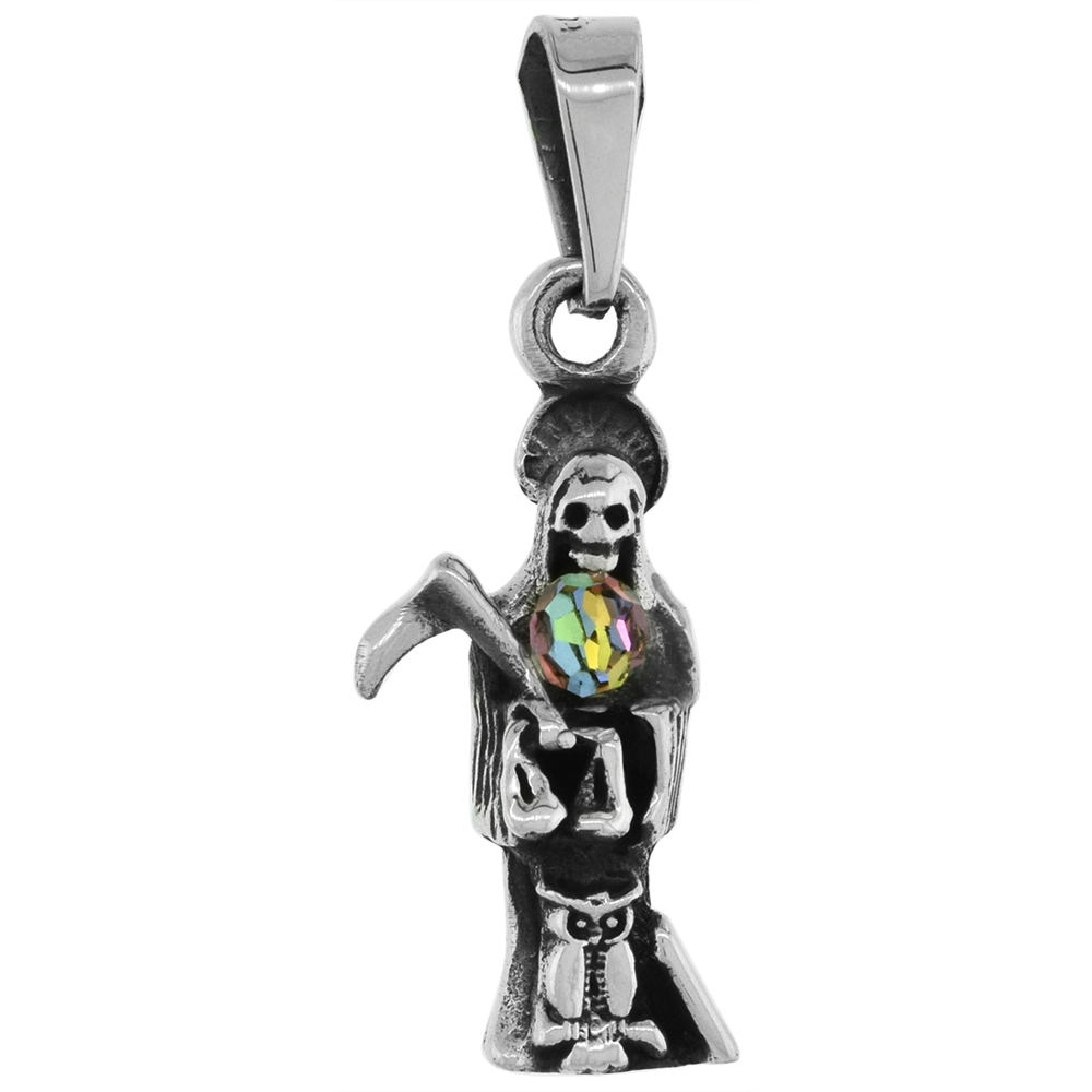 1 INCH STERLING SILVER SANTA MUERTE PENDANT FOR MEN WITH CRYSTAL BALL OXIDIZED FINISH 24 MM TALL