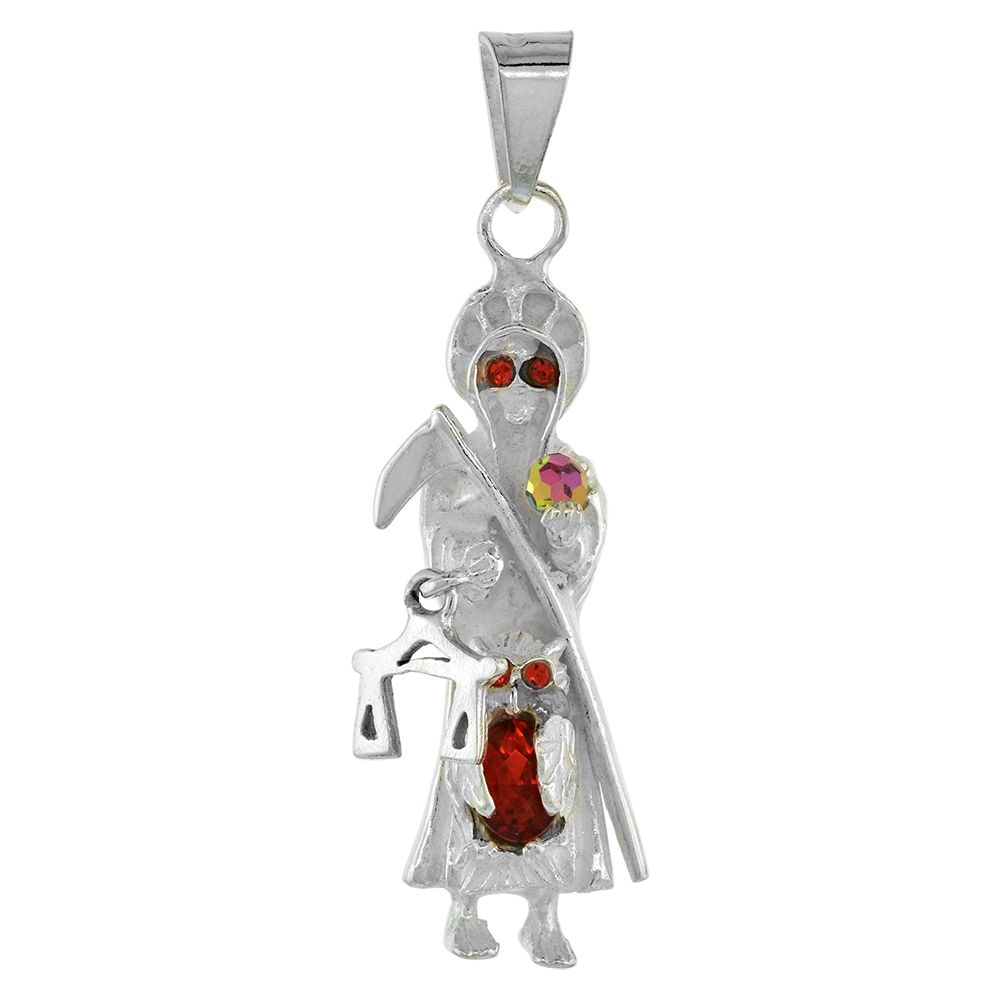 1 3/4 INCH STERLING SILVER SANTA MUERTE PENDANT FOR MEN WITH CRYSTAL BALL OWL WITH RED EYES 45 MM TALL