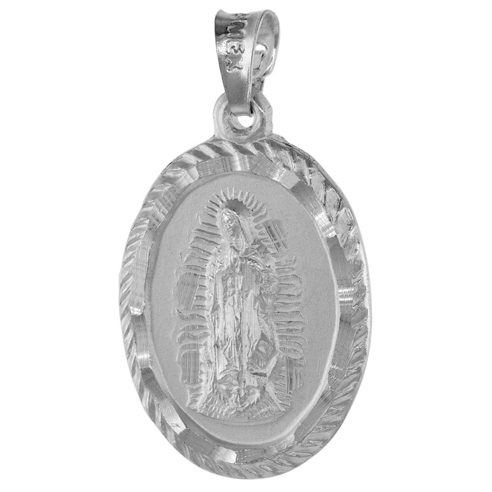 1 INCH STERLING SILVER ST GUADALUPE & SACRED HEART OF JESUS DOUBLE SIDED MEDAL PENDANT FOR MEN AND WOMEN OVAL SHAPE