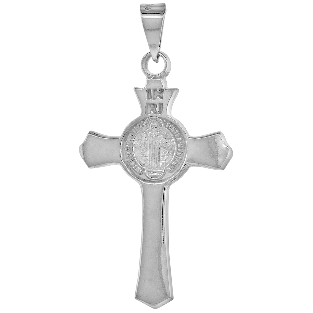 LARGE STERLING SILVER 2 INCH PROTESTANT ST BENEDICT CROSS PENDANT FOR MEN SOLID HEAVY HIGH POLISHED