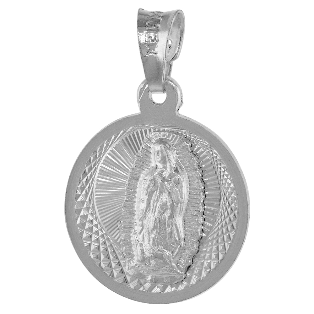 3/4 inch Round Sterling Silver Double Sided Guadalupe &amp; St Jude Thaddaeus Medal Pendant for Men and Women Diamond Cut