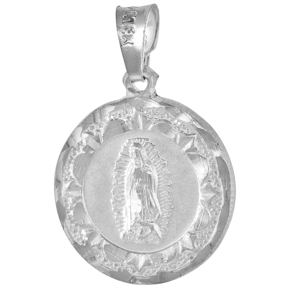 3/4 INCH ROUND STERLING SILVER DOUBLE SIDED SACRED HEART OF JESUS & OUR LADY OF GUADALUPE MEDAL PENDANT FOR WOMEN