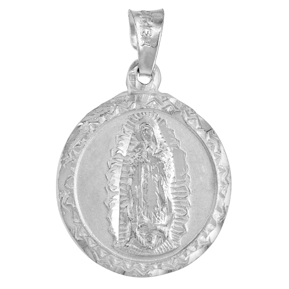STERLING SILVER ST GUADALUPE & SACRED HEART OF JESUS PENDANT DOUBLE SIDED MEDAL 13/16 INCH ROUND