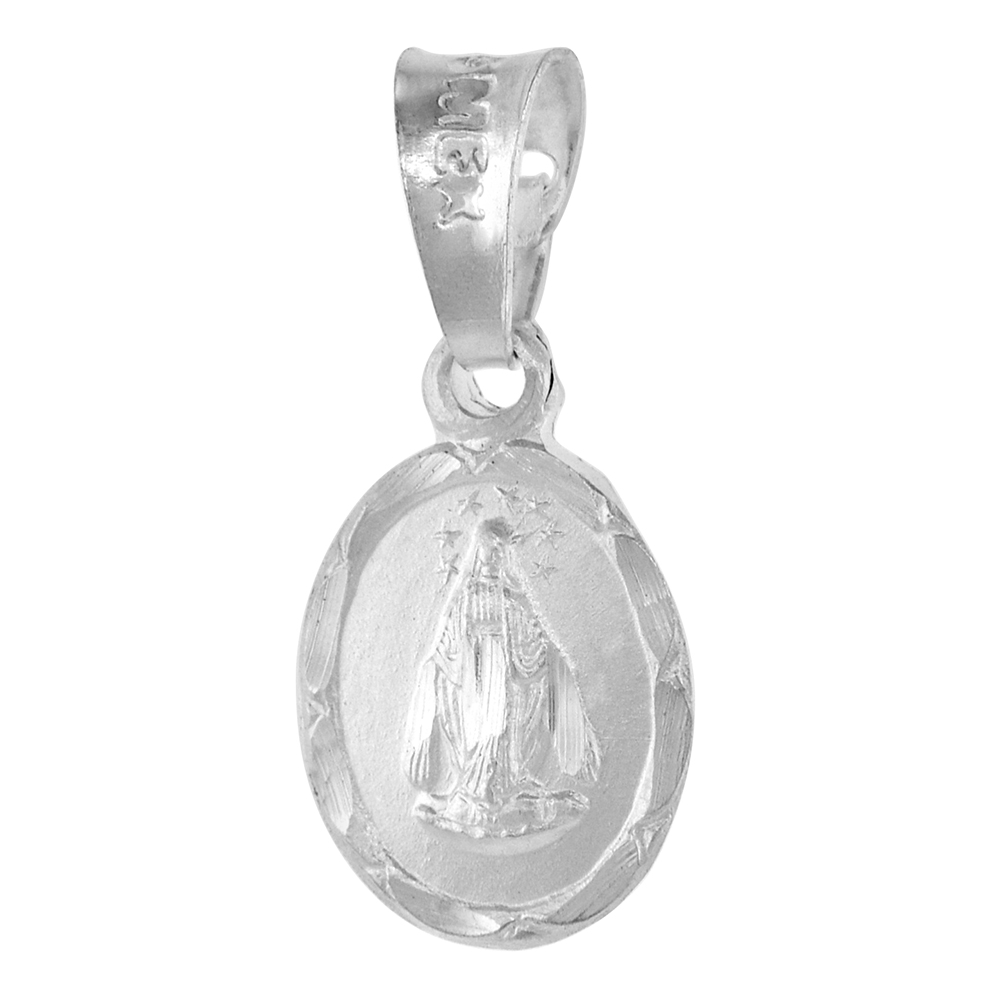 Tiny Sterling Silver Miraculous Medal Virgin Mary Pendant 7/16 inch tall Oval Diamond cut Rim