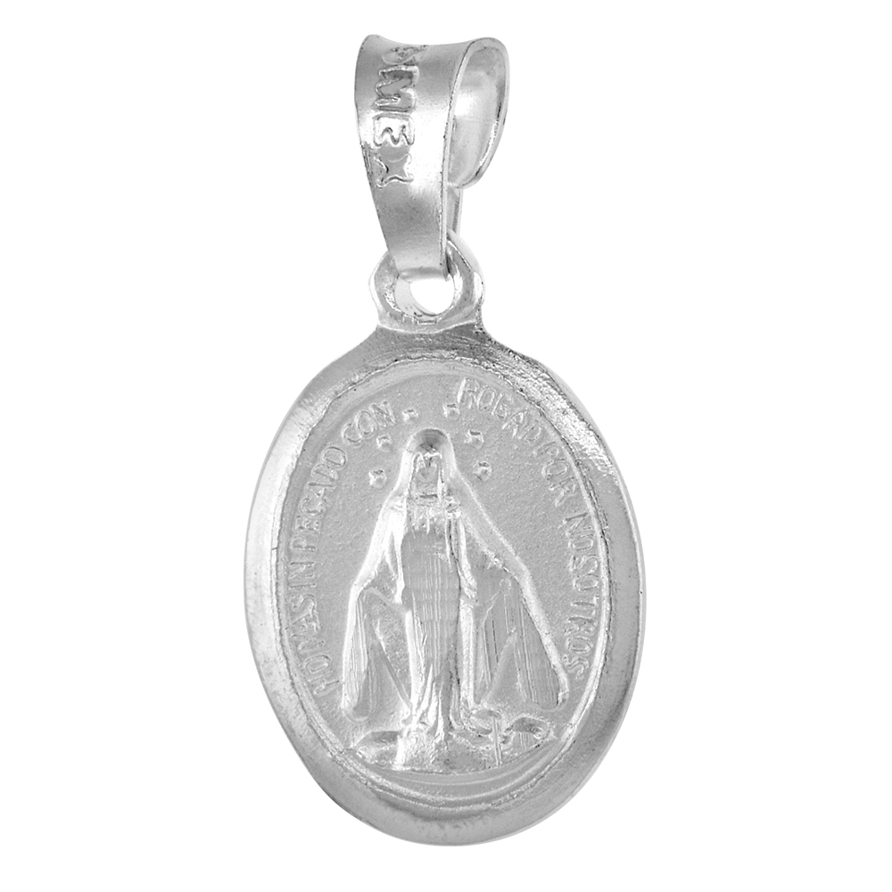 Dainty Sterling Silver Miraculous Medal Virgin Mary Pendant 9/16 inch tall Oval Polished Rim