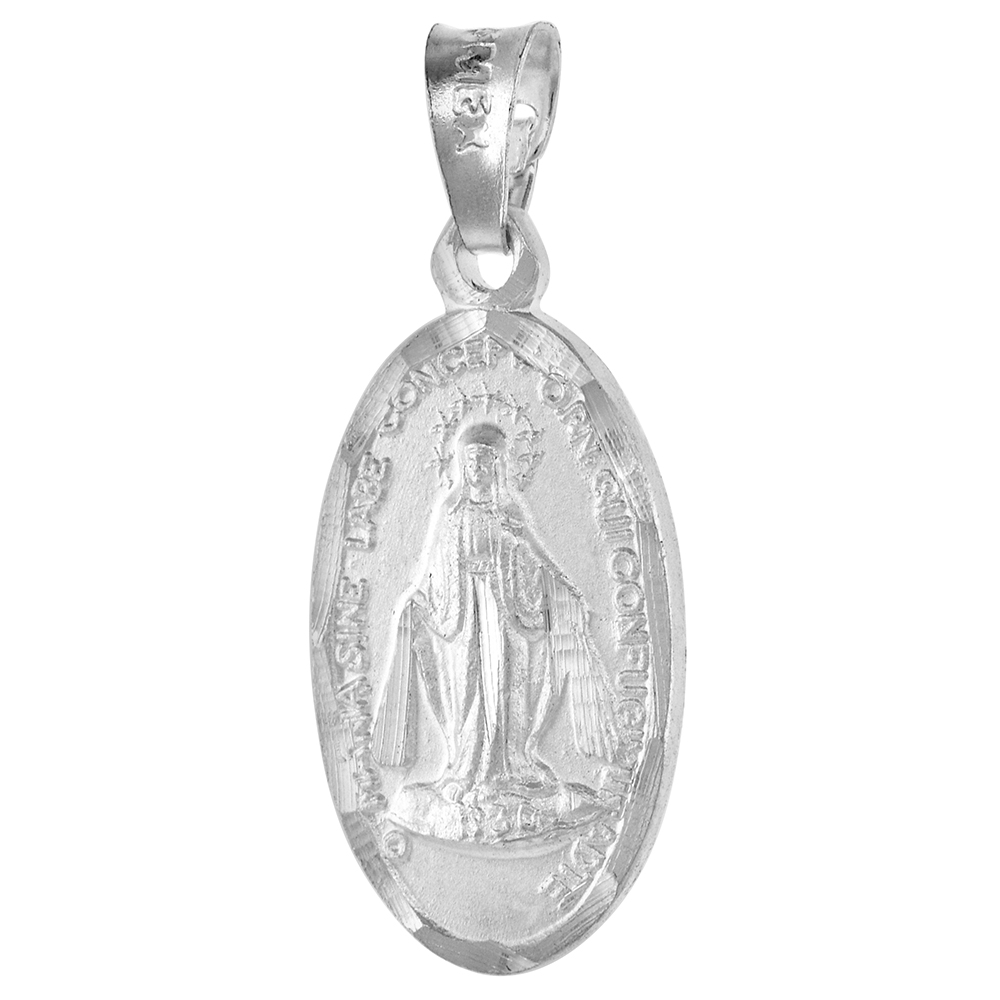 Sterling Silver Miraculous Medal Virgin Mary Pendant 13/16 inch tall Oval Diamond cut Rim Finish