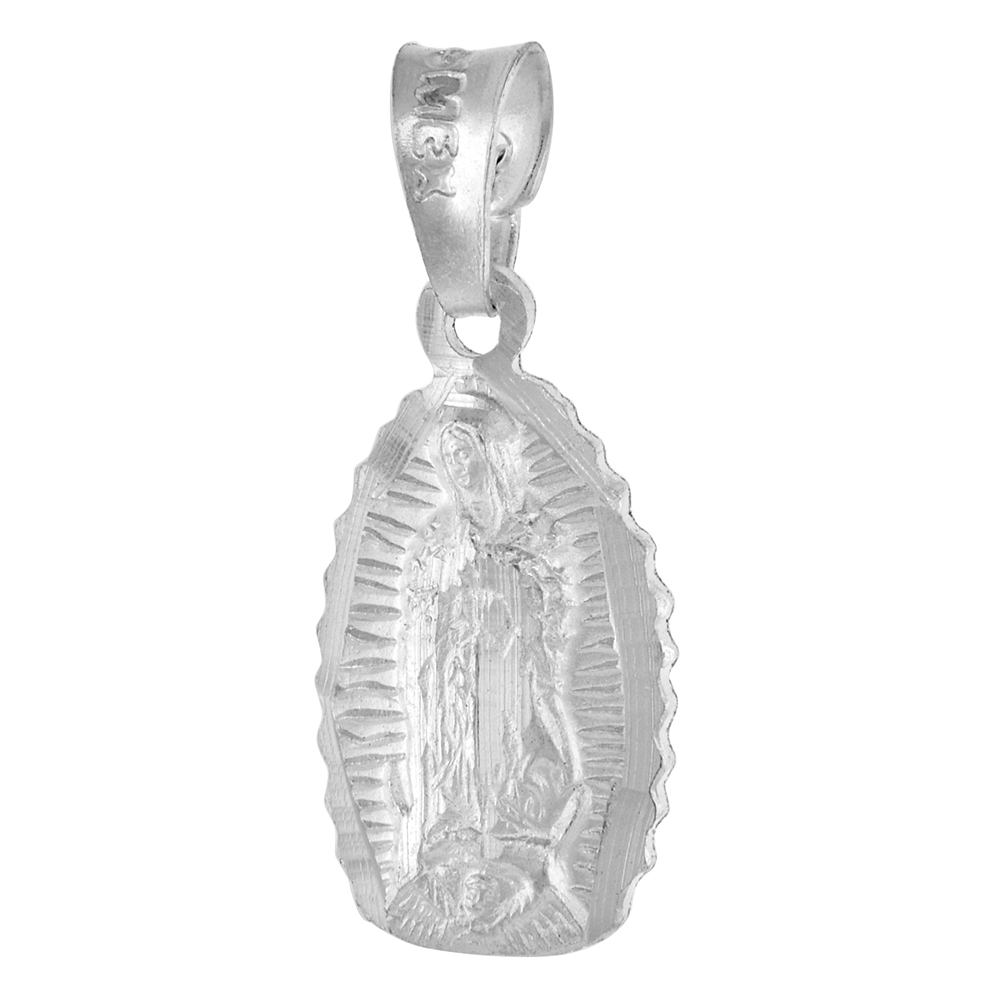 STERLING SILVER ST GUADALUPE PENDANT 5/8 INCH TALL DIAMOND CUT RIM FINISH