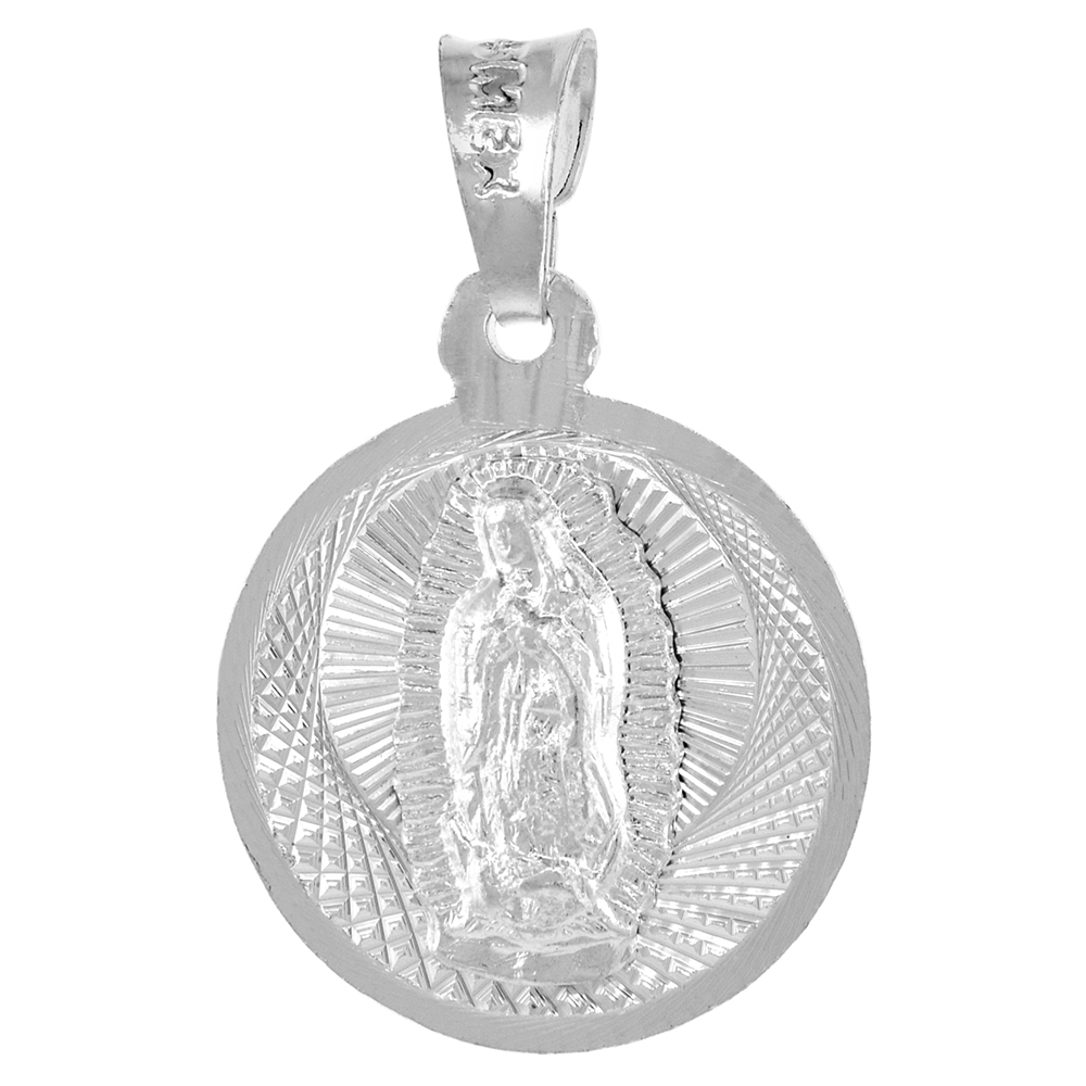 STERLING SILVER ST GUADALUPE & SACRED HEART OF JESUS PENDANT DOUBLE SIDED MEDAL 11/16 INCH ROUND