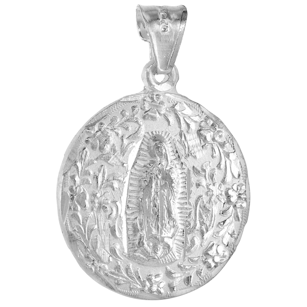 STERLING SILVER ST GUADALUPE & SACRED HEART OF JESUS PENDANT DOUBLE SIDED MEDAL 15/16 INCH ROUND