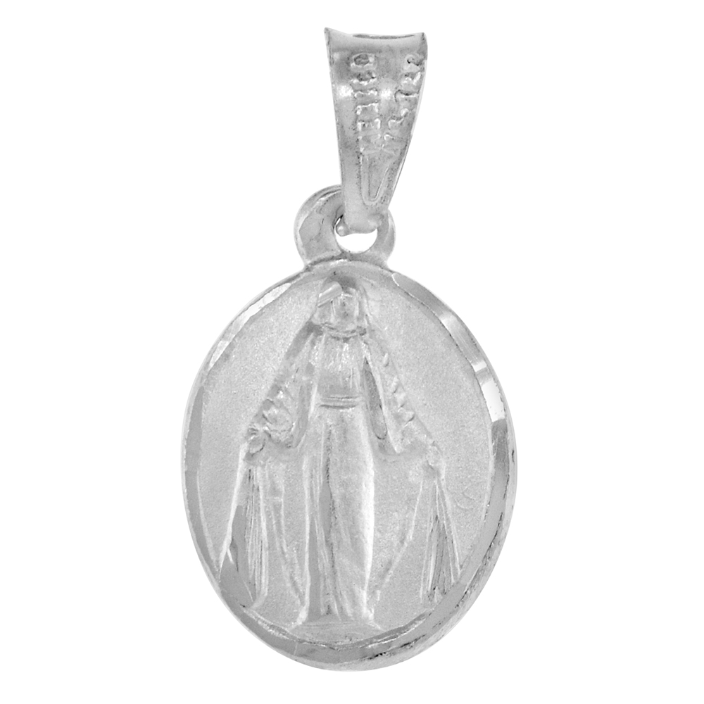 VERY SMALL 1/2 INCH OVAL STERLING SILVER MIRACULOUS MEDAL PENDANT FOR WOMEN DIAMOND CUT NO CHAIN INCLUDED