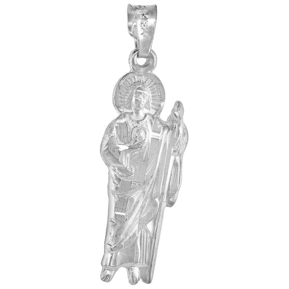 1 1/4 INCH STERLING SILVER SAINT JUDE THADDAEUS PENDANT FOR WOMEN AND MEN SOLID BACK 32MM TALL