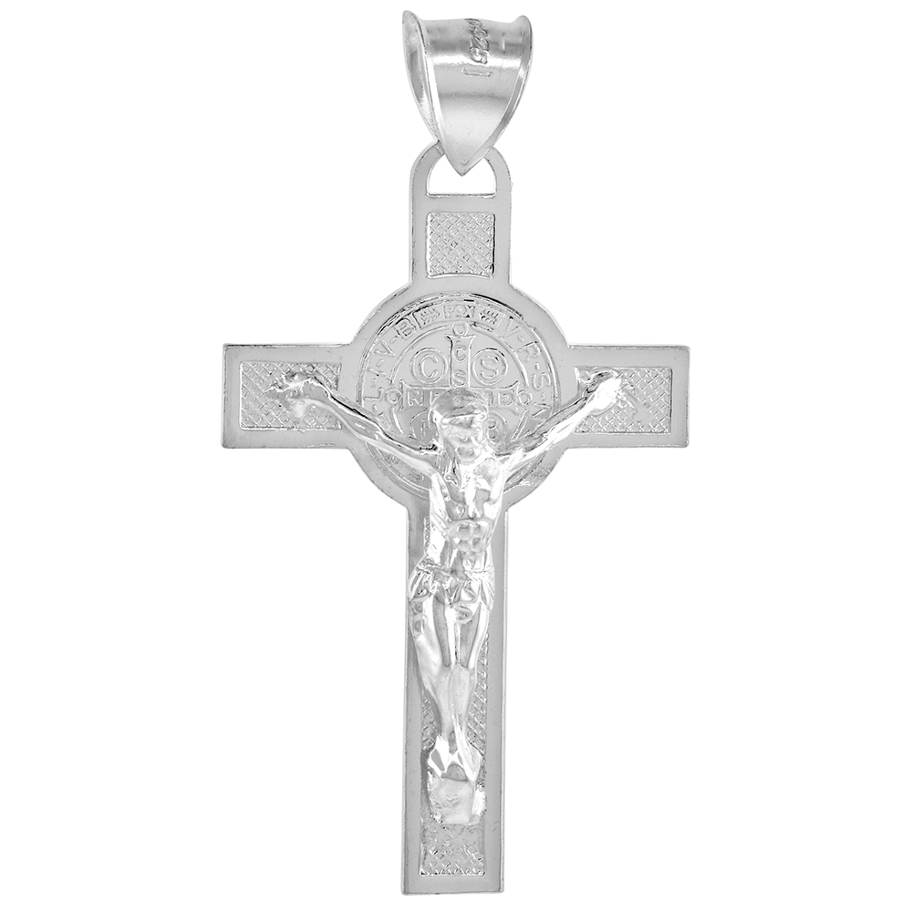 2 INCH LARGE STERLING SILVER ST BENEDICT CRUCIFIX PENDANT FOR WOMEN AND MEN HIGH POLISHED NO CHAIN INCLUDED