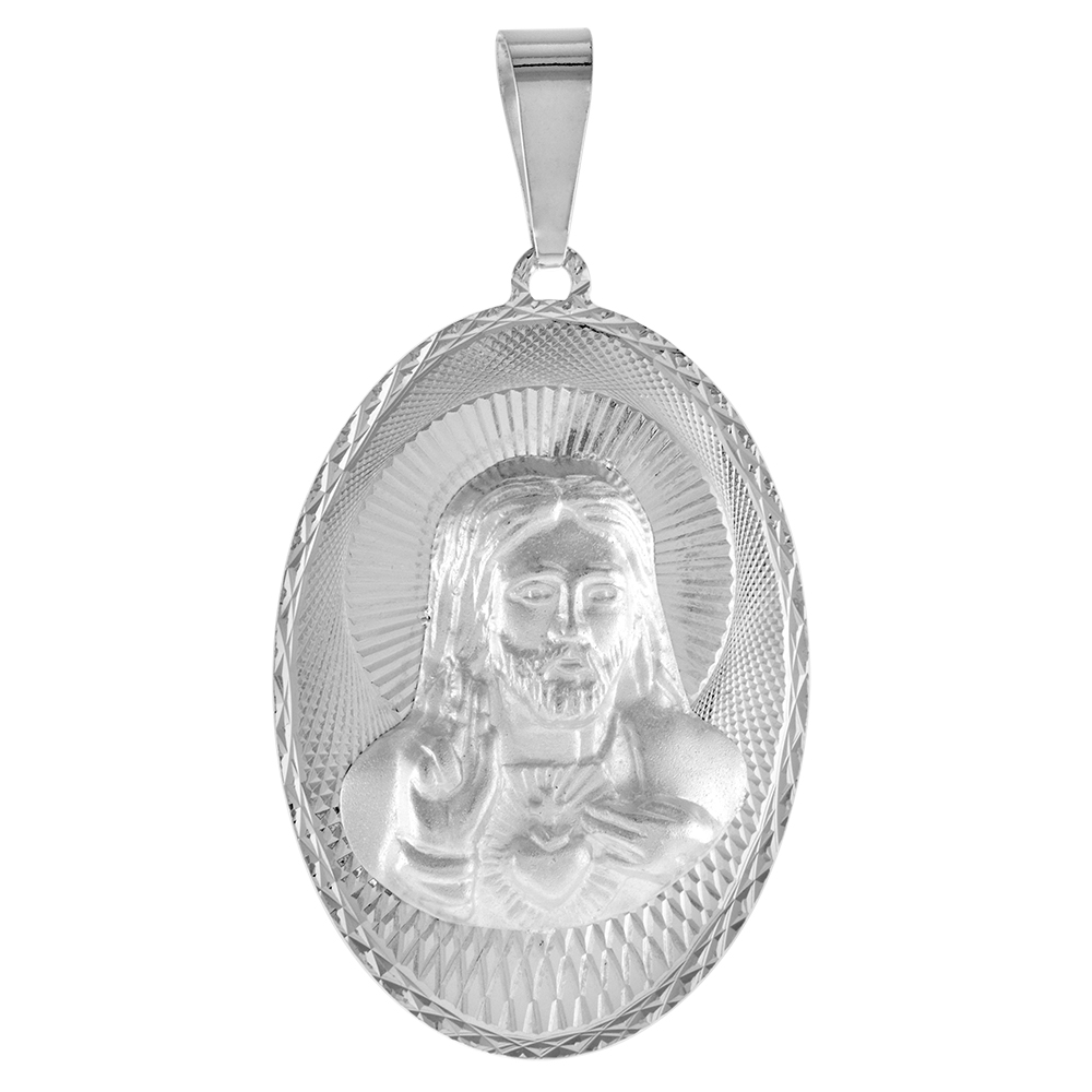 VERY LARGE STERLING SILVER OVAL SACRED HEART OF JESUS MEDAL PENDANT FOR MEN SPARKLING DIAMOND CUT AUREOLA BACKGROUND 1 3/4 INCH TALL